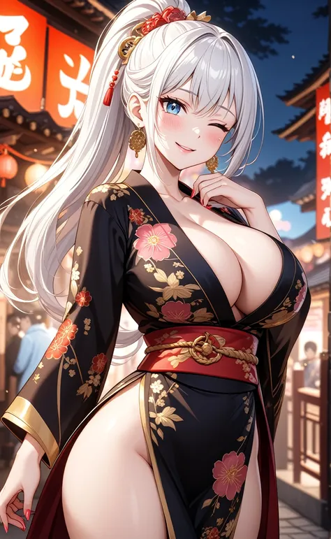 ((one personの女性)), Beautiful Face,Embarrassed and kind expression,Laugh embarrassedly,((Wink:2.0)),turn bright red,Glossy pink lips,night,Shrine festival sexpensives,firework, ((Anime style background)),masterpiece, highest quality, so beautiful, Latest, C...