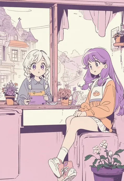 Best Quality,Official art,Wallpapers,90s Cartoons,Slight retro color,riso print style,Illustration,Cute,(2 girls),yinji, (purple hair, purple eyes, long hair, white hair, double braids, gradient hair),Flowers,Window,flower pots,hand drawn style,childrens i...