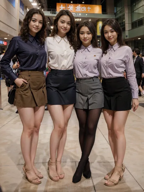 photo image, shots entire body, feet in view, 3 gorgeous Japanese women, curly hair, wearing professional, collared shirt, skirts, tights, no shoes, convention centre, smiling, posing for picture, standing