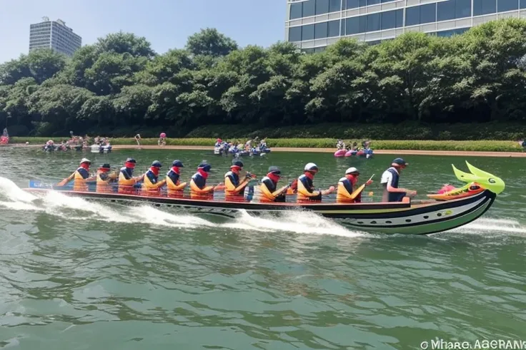 Need to add pictures to the WeChat public account of the enterprise department，The description is as follows：SAIC-GM Dragon Boat Team，Photos of the dragon boat race at the Aquatic Center，Splash water，Need to reflect the competition&#39;s hard work。