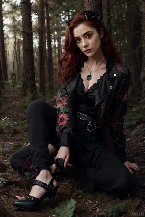 Emmy Rossum, Ridley Duchannes, Teen Wolf, 20 years old, short messy light red hair, green eyes, red gothic style open jacket, violet blouse with black flower print, black heels, fox pendant, black fox print. Forest background aura around black color.