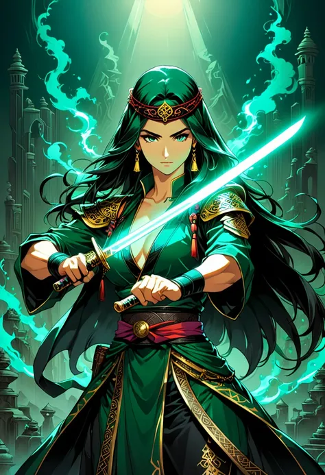 90s Cartoons, glamour portrait photo, a captivating vibrant dark green-neon capturing the essence of a Bedouin sorcerer in fight stance, defying expectations. ethereal, smoky backdrop, weapon, katana, holding sword, (masterpiece, best quality, Professional...