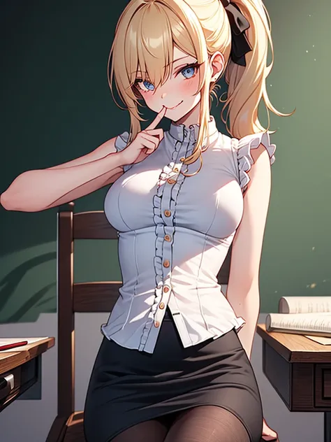 (highest quality, High resolution, perfect pixel, Depth of bounds written, 4K), upper body, (chair), (desk), (looking down), (detailed eyes), (1 lady), tall, (skinny body:1.2), (thin thighs:1.2), (Narrow hips:1.2), (teacher:1.2), (white sleeveless frilled ...