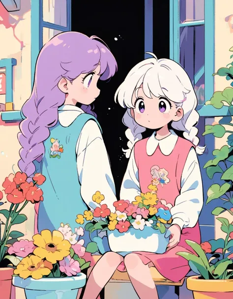 Best Quality,Official art,Wallpapers,90s Cartoons,Slight retro color,riso print style,Illustration,Cute,(2 girls),yinji, (purple hair, purple eyes, long hair, white hair, double braids, gradient hair),Flowers,Window,flower pots,hand drawn style,childrens i...