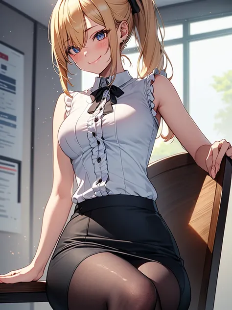 (highest quality, High resolution, perfect pixel, Depth of bounds written, 4K), upper body, (chair), (desk), (looking down), (detailed eyes), (1 lady), tall, (skinny body:1.2), (thin thighs:1.2), (Narrow hips:1.2), (teacher:1.2), (white sleeveless frilled ...