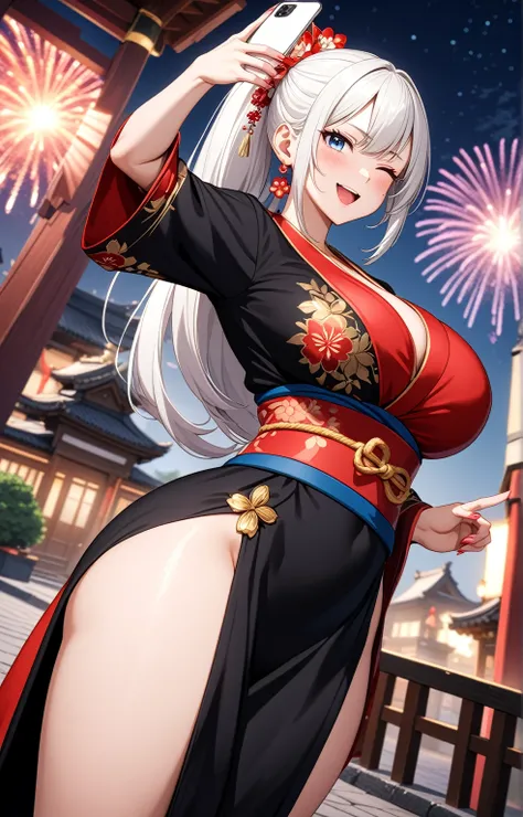 ((one personの女性)), Beautiful Face,Embarrassed and kind expression,Laugh embarrassedly,((Wink:2.0)),turn bright red,Glossy pink lips,night,Shrine festival sexpensives,firework, ((Anime style background)),masterpiece, highest quality, so beautiful, Latest, C...