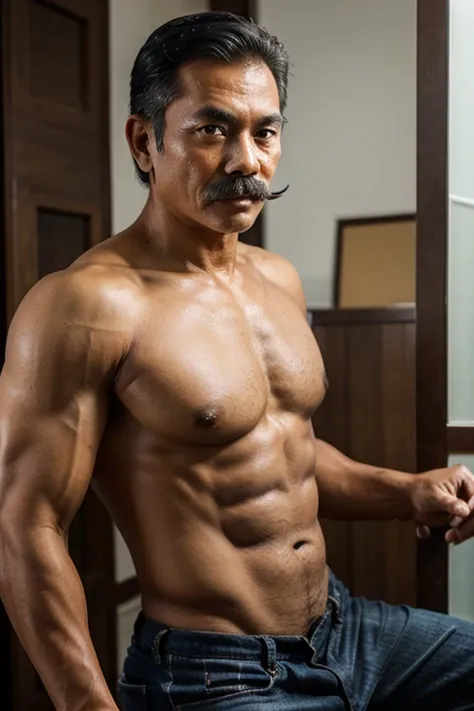 a 50 year old Indonesian man with a handsome face, mustache and muscles