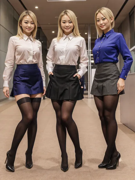 photo image, shots entire body, feet in view, 3 gorgeous japanese women, blonde hair, wearing professional, collared shirt, skir...