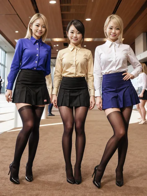 photo image, shots entire body, feet in view, 3 gorgeous japanese women, blonde hair, wearing professional, collared shirt, skir...