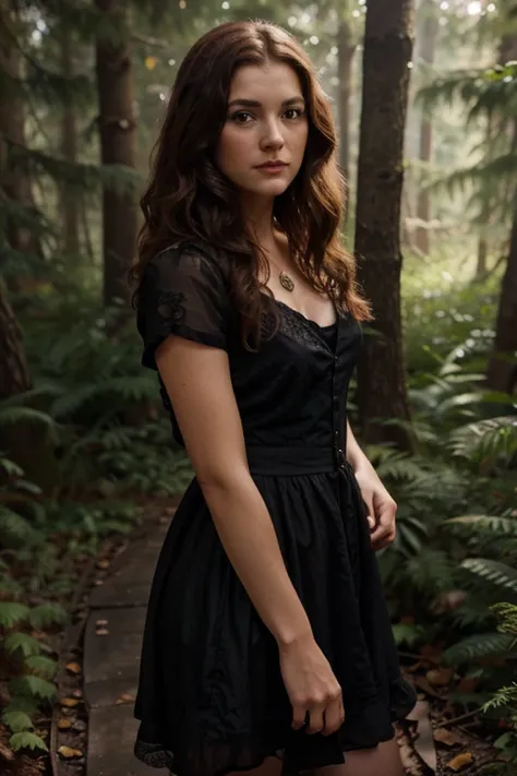 Margo Martindale, Delphine Duchannes, Teen Wolf, 40 years old, reddish brown hair with short light black curly messy locks, green eyes, black dress with rose print, black heels, fox pendant, black fox print. Forest background aura around black color.