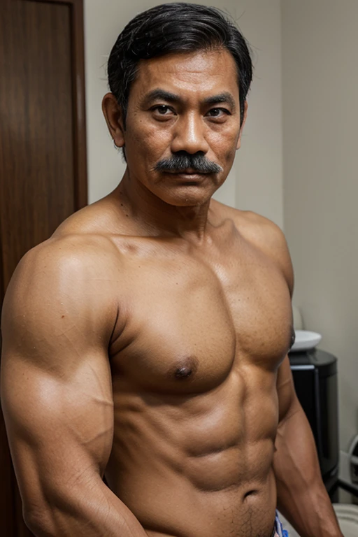 a 50 year old Indonesian man with a handsome face, mustache and muscles