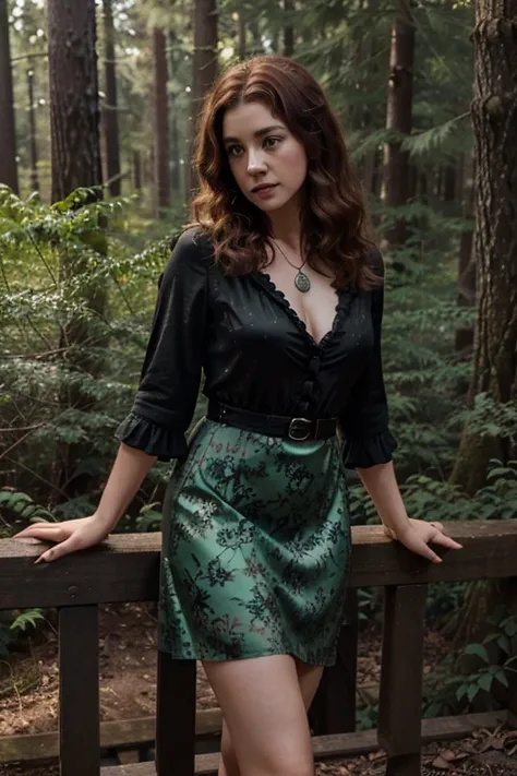 Margo Martindale, Delphine Duchannes, Teen Wolf, 40 years old, auburn hair with short, curly, messy light black locks, green eyes, stocky build, cherry rose-print dress, black heels, fox pendant, fox print black. Forest background aura around black color.