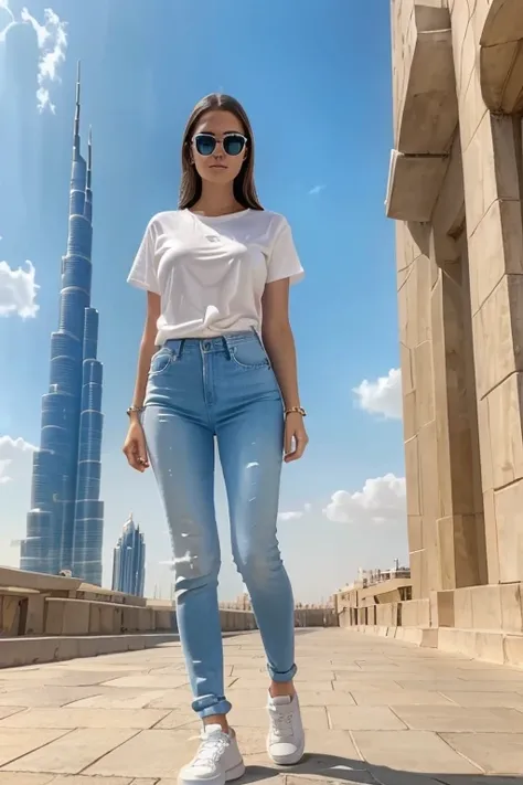 full-length shot, portrait photography, surrealism, With the Burj Khalifa in the background, a European beautiful young woman,18 years old,fair skin, blue sunglasses, jeans and a white T-shirt. White T-shirt fits the figure, white sneakers, clear day but a...