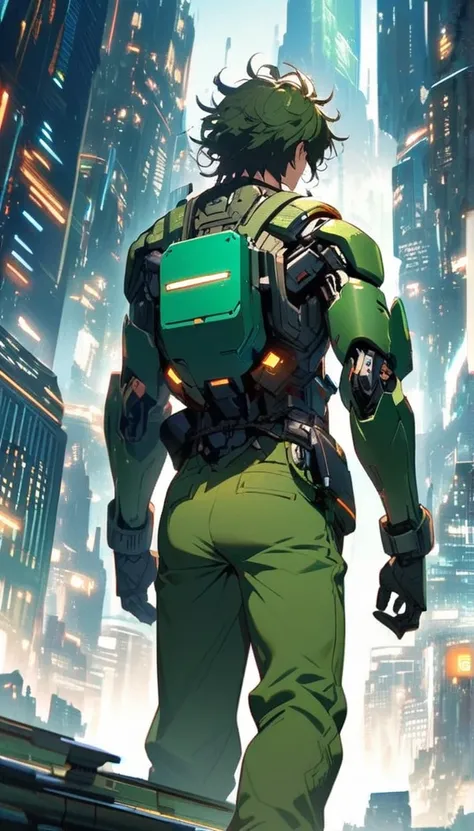 A man with long green pants, with robotic arm and messy hair on his back looking at a futuristic city 