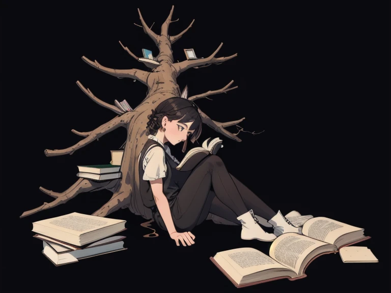 1 girl over a book, tree, Black background