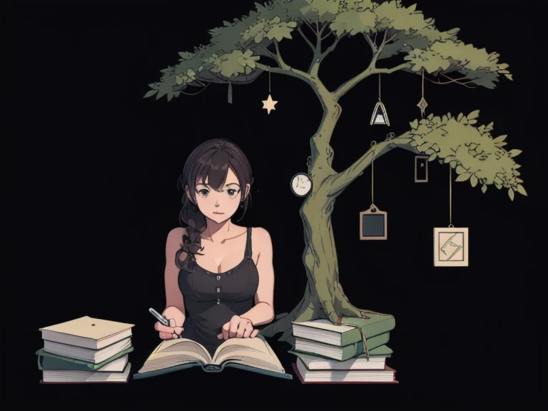 1 girl over a book, tree, Black background