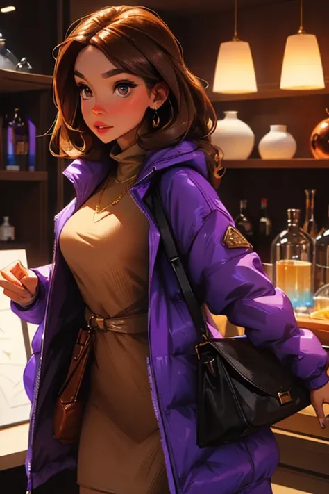 A brown haired woman with copper eyes and an hourglass figure in a sweatshirt dress is holding a purple pendant