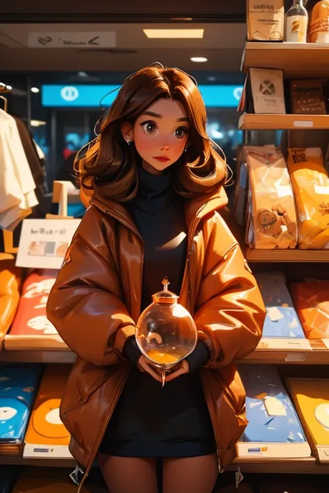 A brown haired woman with copper eyes and an hourglass figure in a sweatshirt dress is shopping in a creepy market