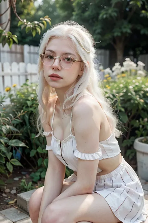 1 woman, Eyeglasses, she dress a clothe, (albino:1.4)woman of Slavic descent.(short:1.1), long white hair, gray eyes, ((very pale:1.4)), summer haze, muted colors, muted warm colors, photographic cinematic portrait of a woman dressed in a striped dress sit...