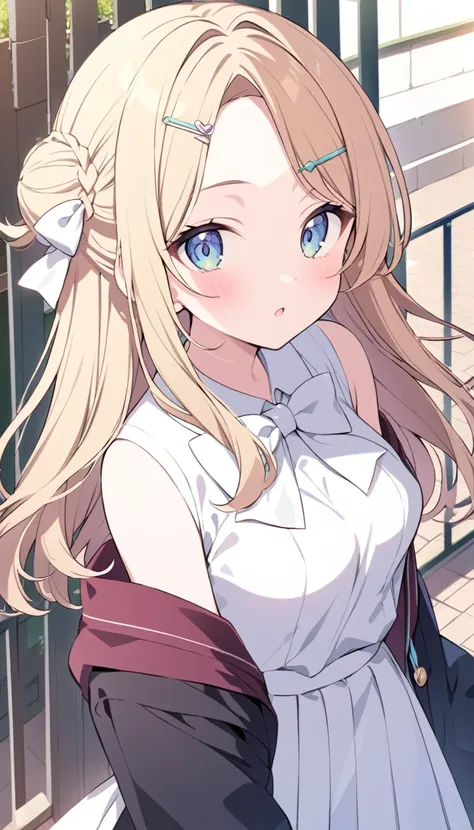 noka sasahara，blonde hair，parted bangs，hairpin，white bow，french braid，half bun，medium breast，school gate background