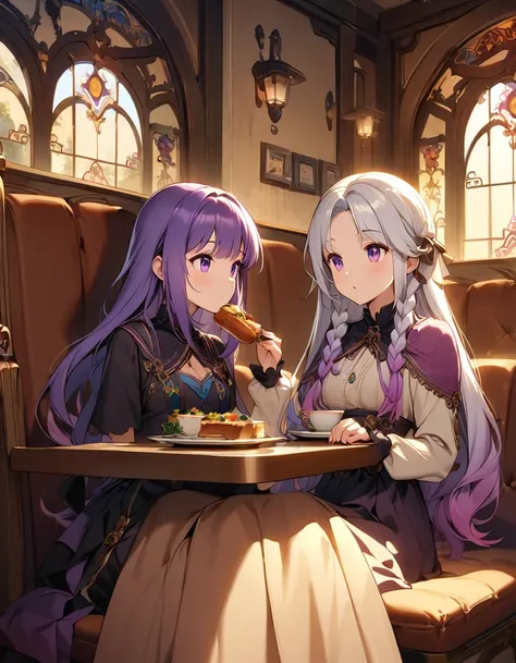 a charming art nouveau style cafe in america, beautifully decorated interior, 2 girls eating lunch, yinji, (purple hair, purple eyes, long hair, white hair, double braids, gradient hair,warm lighting, elegant furniture,  best quality, intricate details, dr...