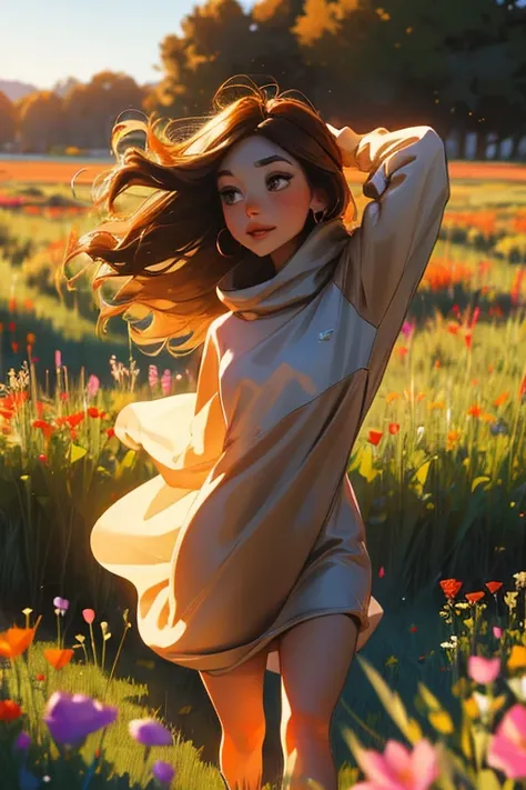 A brown haired woman with copper eyes and an hourglass figure in a sweatshirt dress is dancing in a field of flowers