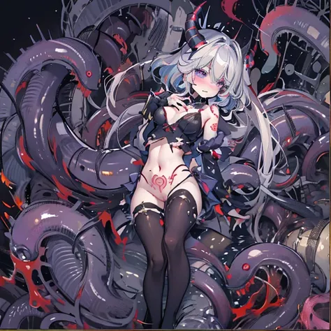 masterpiece, best quality, pubic tattoo on underbelly, girl, bishoujo, loli, magical_girl, loli, long hair, white hair, tentacle hair, blood on face, light blush, purple eyes, medium breasts, crop top, bare_legs, torn pantyhose, black pantyhose, latex legw...