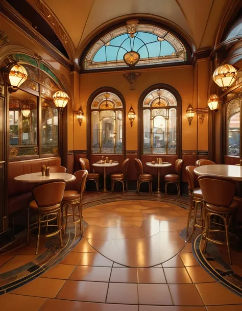 a stunning art nouveau cafe, 1920s-style interior, curved furnishings and architectural details, ornate brass fittings, stained glass windows, tiled floors, dim lighting, warm amber tones, elegant decor, detailed textures, photorealistic, 8k, masterpiece