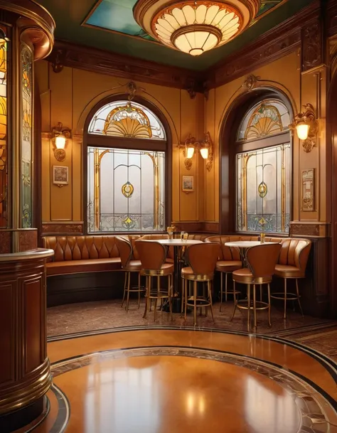 a stunning art nouveau cafe, 1920s-style interior, curved furnishings and architectural details, ornate brass fittings, stained glass windows, tiled floors, dim lighting, warm amber tones, elegant decor, detailed textures, photorealistic, 8k, masterpiece