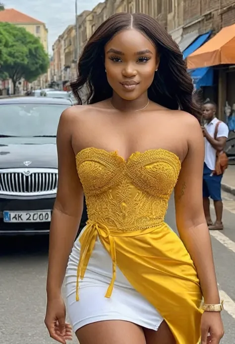 (high quality:1.5), (8k), (extremely detailed), (High detail:1.2), (art of work), Solo, 24 year old African female, (in street), (dress strapless),