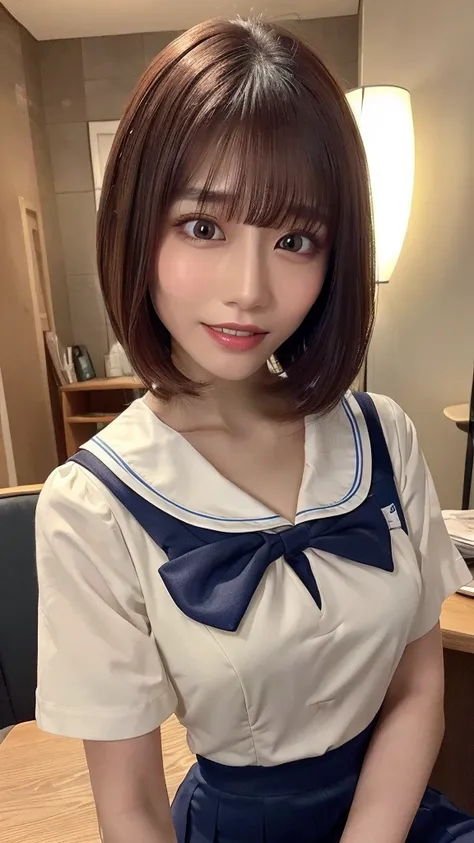 8k,best quality, on the table, Super detailed, 超high resolution, lifelike, original photo, absurd, absolute resolution, ((1 girl solo)), whole body ,A beautiful young Japanese woman, super cute face, Charming figure, big breasts , cleavage、short hair,pixie...