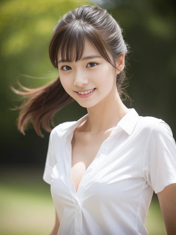 （​masterpiece、high-level image quality、sharp focus）、Wearing a white shirt with short sleeves、one shirt button is missing, A Japanese Lady、23 age、(perfect anatomia、Precise and beautiful limbs), simple girl with little smile, wind blows hair, short ponytail ...