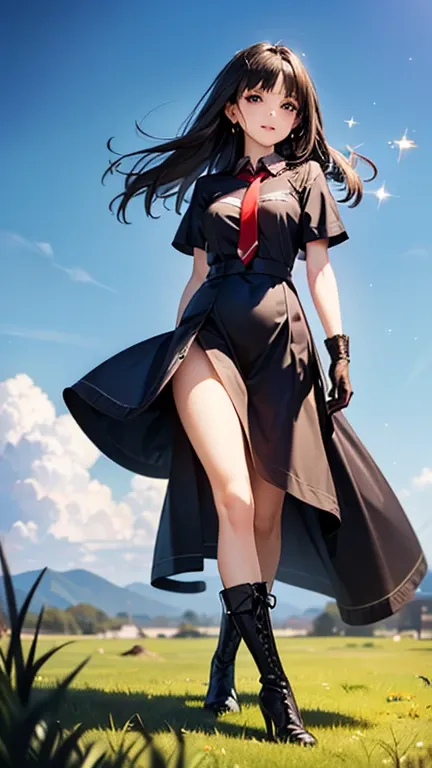 A girl is posing for a photo, cute女の子, Enchanting girl, Anime Girls, 
(((One Girl, Baby Face, cute, 16 years old))), 

(smile), 
(noon、(A garrison in the sunlight、grass)), ((Walking、Full Body))
BREAK 

(Black Hair、Hair blowing in the wind、Hair bouncing out...