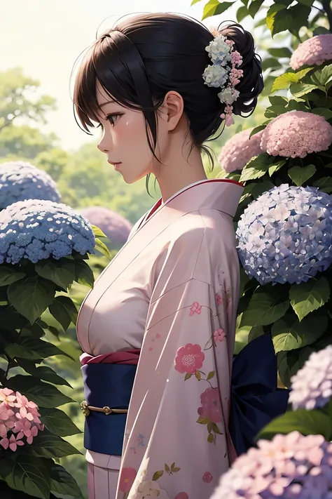 masterpiece ,highest quality, delicateな髪の美しい女性, flowers, forest, june,hydrangea,profile,fleeting,beauty,delicate,cinematic,japan...