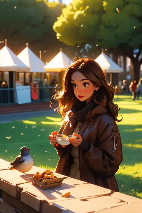 A brown haired woman with copper eyes and an hourglass figure in a sweatshirt dress is feeding the birds at the park