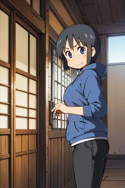 Kyoto animation, female, short hair, pony, black hair, dark blue eye, cute face, thick eyebrows, big breast, sexy butt, slim body, sexy thigs, blue and white hoodie, short pants above thigs, brave smile, 90s style, 