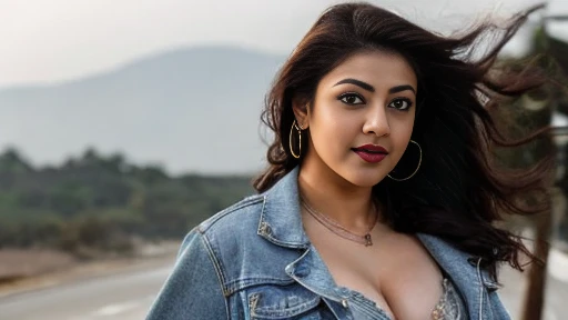 extreme close up full body photo of naked pranitha, curvy, hourglass figure, swooping breasts, deep cleavage, seductive eyes, look at viewer, seducing on road, necklace, denim jacket, no bra, visible nipples,red lips, remove bra, sultry, ponytail, (cinemat...