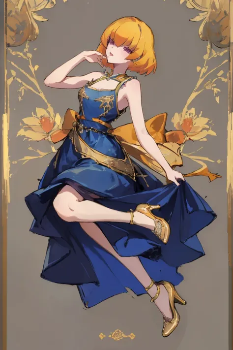 ((highest quality)), ((masterpiece)), (be familiar with),Clementine,Overload,nsfw,Sleeveless dress,Gorgeous blue dress,Gold embroidery,High heels,Fascinating,Long skirt