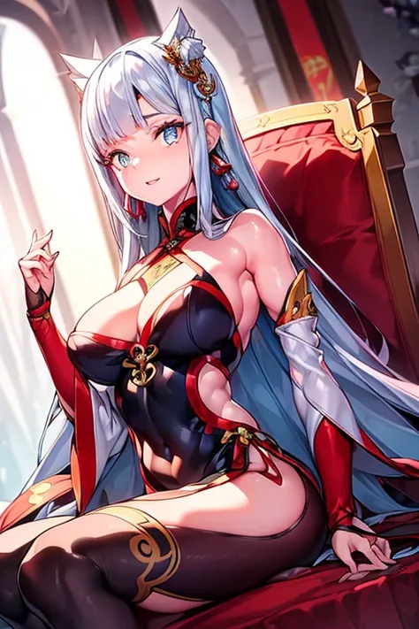 ((ultra realista)), ((imagem perfeita)), ((rosto perfeito)), ((ultra detalhado)), ((corpo inteiro)), A beautiful young woman in Chinese dress sits sensually on a majestic throne 