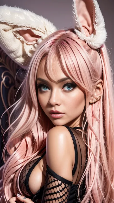 anime style, a closeup of a cartoon of a woman with ears and rabbit tail, with rabbit tail, with rabbit ears, girl design, mara, portrait, giesha, anime image, long hair, pink hair, hair covering ears, happy, polished and powerful look, exotic, tall  