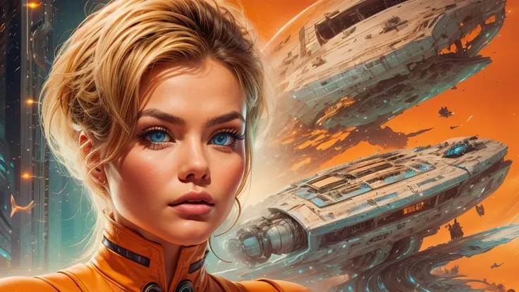 arafed image of a white woman in a futuristic suit with a spaceship in the background, movie art, in front of an orange background, inspired by Robert McGinnis, female protagonist, megastructure in the background, portrait of an ai astronaut, astronauts, a...