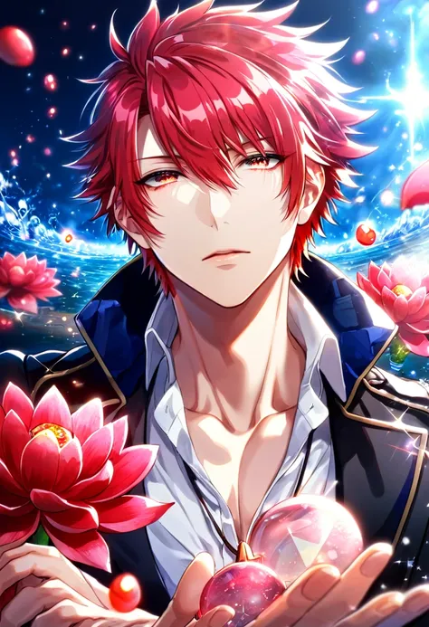 (absurdres, highres, ultra detailed, HDR) master piece, best quality, delicated features, Suoh Mikoto, red hair, expressive amber eyes, K Project, solo, sexy man, handsome, black jacket, white shirt, cross necklace, magical fantasy, red butterflies, glitte...