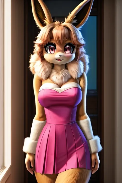 perfect face, Eevee (Pokemon), standing, very fluffy, college uniform, breasts, furry, 4k, 8k, perfect, realistic fur, female, strapless pink dress,