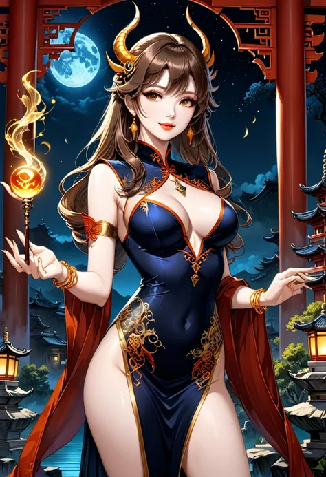 90s Cartoons, 1girl, sorceress, perfect face, beautiful, heavenly, long brown hair, single braid, hazel eyes, pretty eyes, full lips, looking at viewer, pale skin, tight qipao, silky luxury clothes, standing, golden bracelets, jewelry, narrowed eyes, smile...