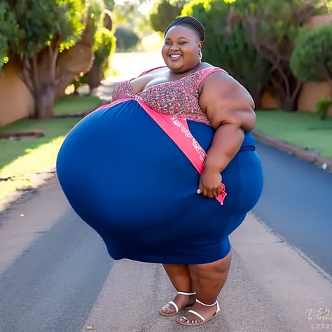 Extremely Hyperpregnant South African woman with huge belly wearing a dress