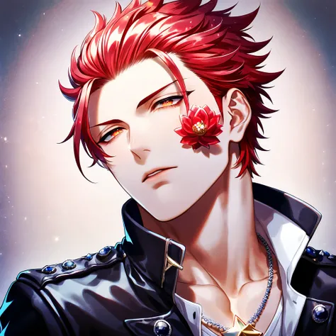 (absurdres, highres, ultra detailed, HDR) master piece, best quality, delicated features, Suoh Mikoto, red hair, hair is kept short, ruffled, slicked back and spiked, with two strands of hair near the opposite sides of his head falling over his face, expre...