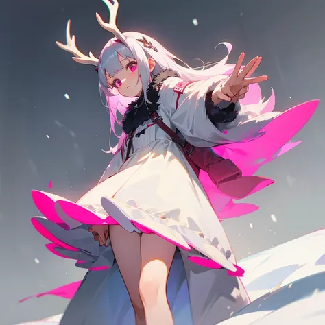 1 girl, ten years old, grey antlers, snow colored hair, pink eyes, dark grey fur, deer legs, young, cute, White Dress