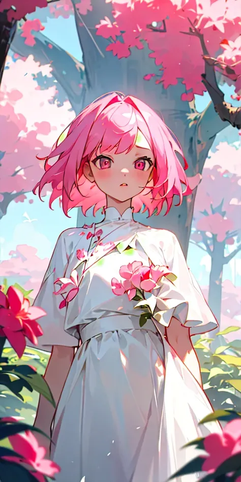 (masterpiece, best quality) 1girl with pink hair, ruby eyes wearing an white dress and surround by nature