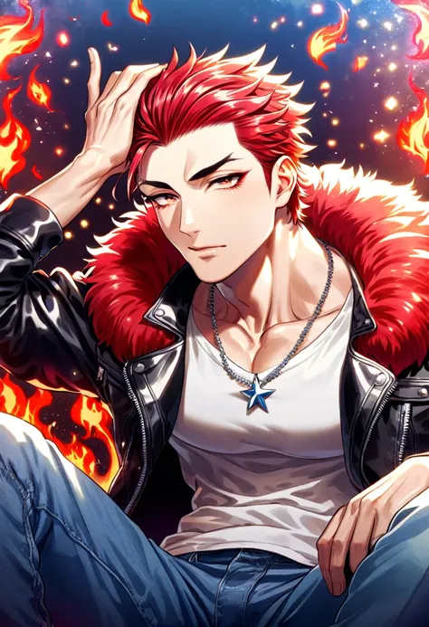 (absurdres, highres, ultra detailed, HDR) master piece, best quality, delicated features, Suoh Mikoto, red hair, hair is kept short, ruffled, slicked back and spiked, with two strands of hair near the opposite sides of his head falling over his face, expre...