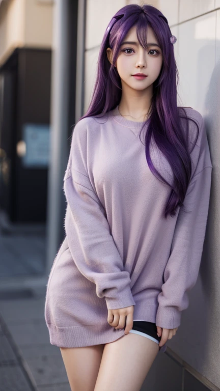 looking at viewer, half body, yuri ddlc, , purple hair, purple eyes, shy